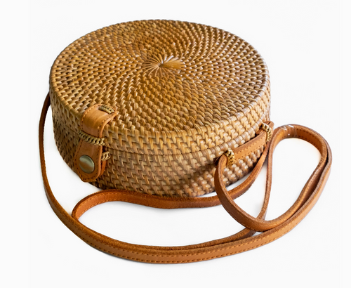 Rattan Shoulder Bag with Leather Strap