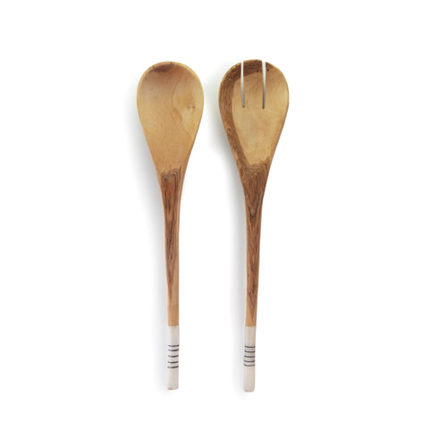 Olive Wood and Bone Salad Servers - White