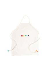Load image into Gallery viewer, off white apron rainbow colour pom poms 