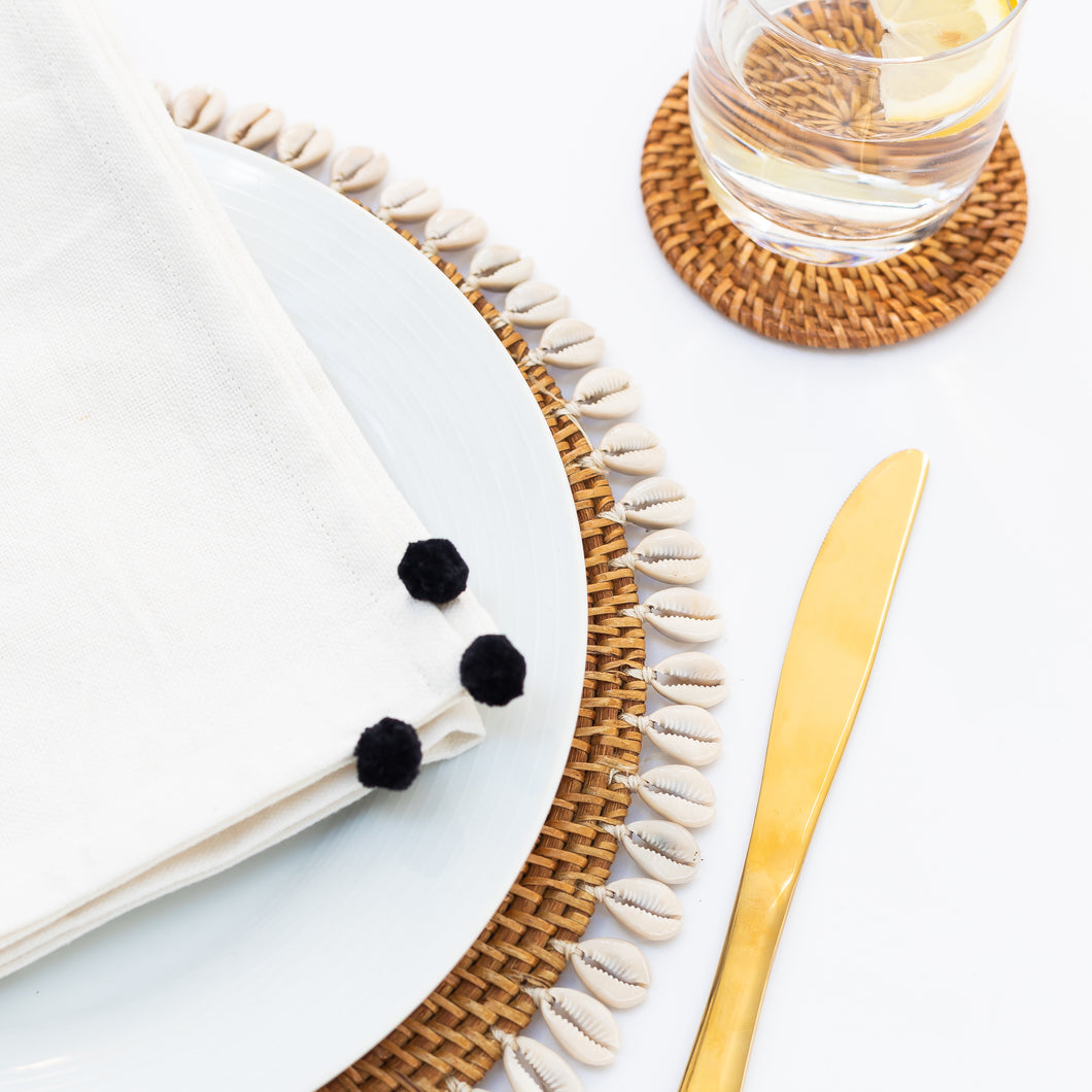 Rattan Placemat with Cowrie Shell - Brown Boho Straw Raffia