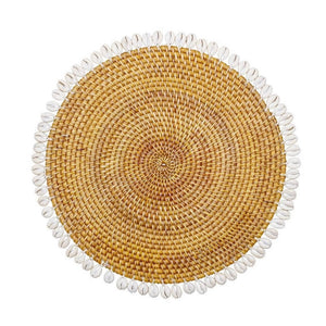 Rattan Placemat with Cowrie Shell - Brown Boho Straw Raffia